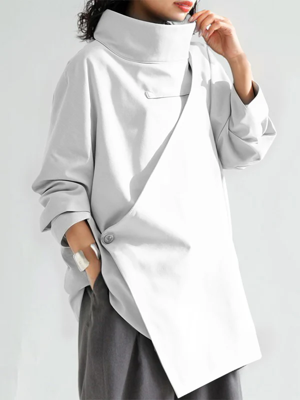 Long Sleeves Loose Solid Color High Neck T-Shirts Tops - Image 7