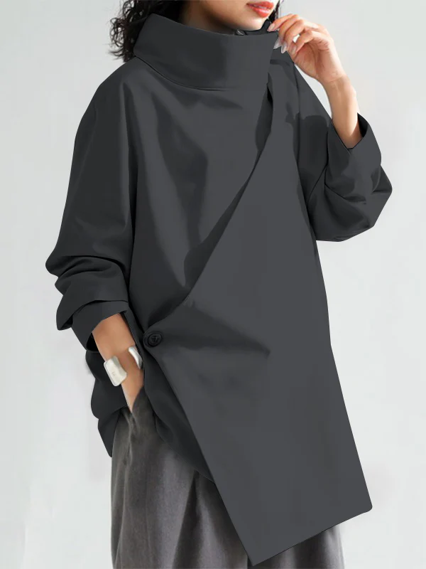 Long Sleeves Loose Solid Color High Neck T-Shirts Tops - Image 8