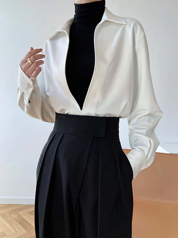 Long Sleeves Loose Solid Color Lapel Blouses - Image 10