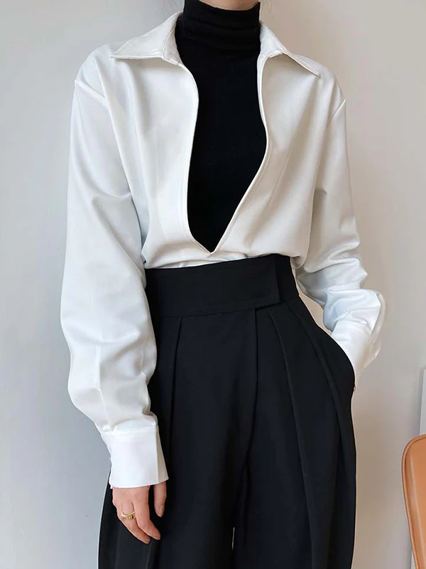 Long Sleeves Loose Solid Color Lapel Blouses - Image 11