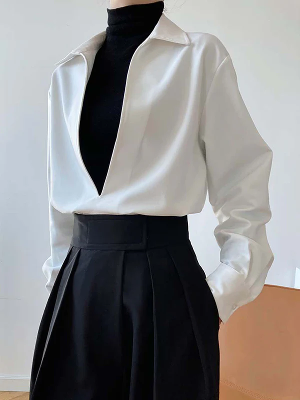 Long Sleeves Loose Solid Color Lapel Blouses - Image 12