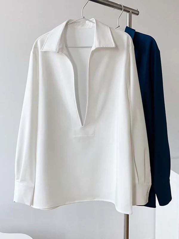 Long Sleeves Loose Solid Color Lapel Blouses - Image 13