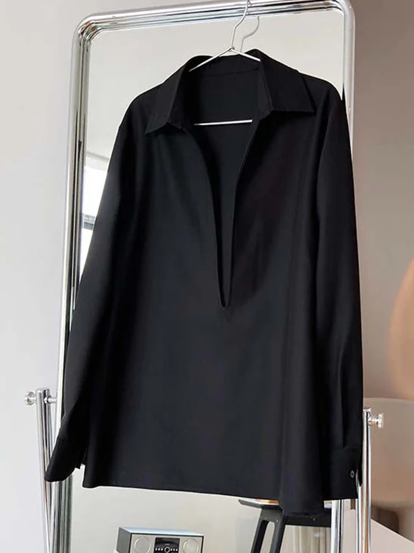 Long Sleeves Loose Solid Color Lapel Blouses - Image 14