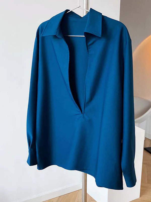 Long Sleeves Loose Solid Color Lapel Blouses - Image 15