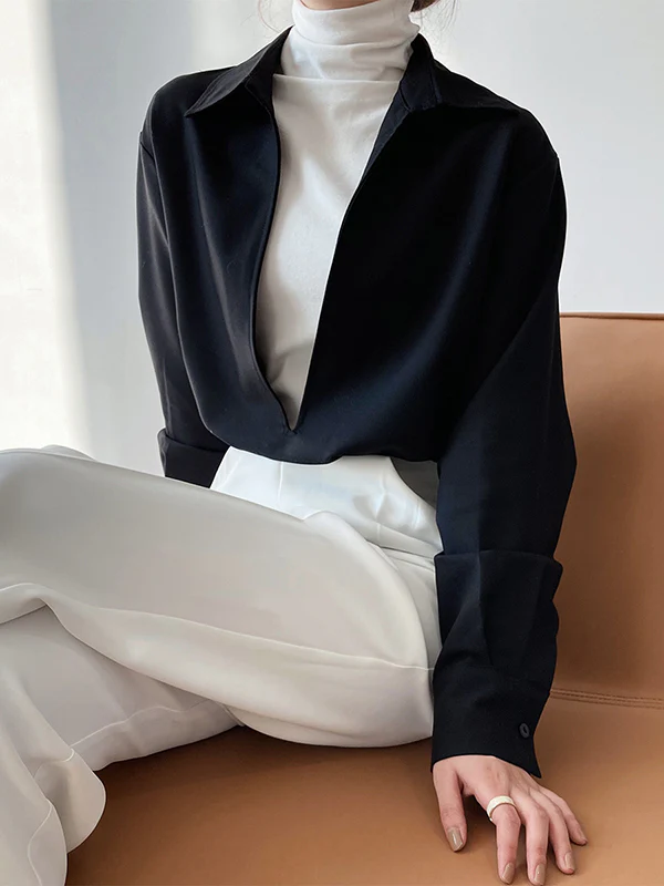 Long Sleeves Loose Solid Color Lapel Blouses - Image 2
