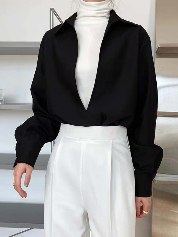 Long Sleeves Loose Solid Color Lapel Blouses - Image 3