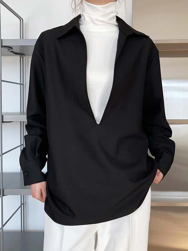 Long Sleeves Loose Solid Color Lapel Blouses - Image 4