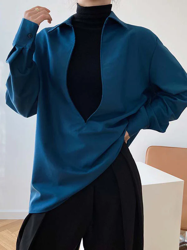 Long Sleeves Loose Solid Color Lapel Blouses - Image 5