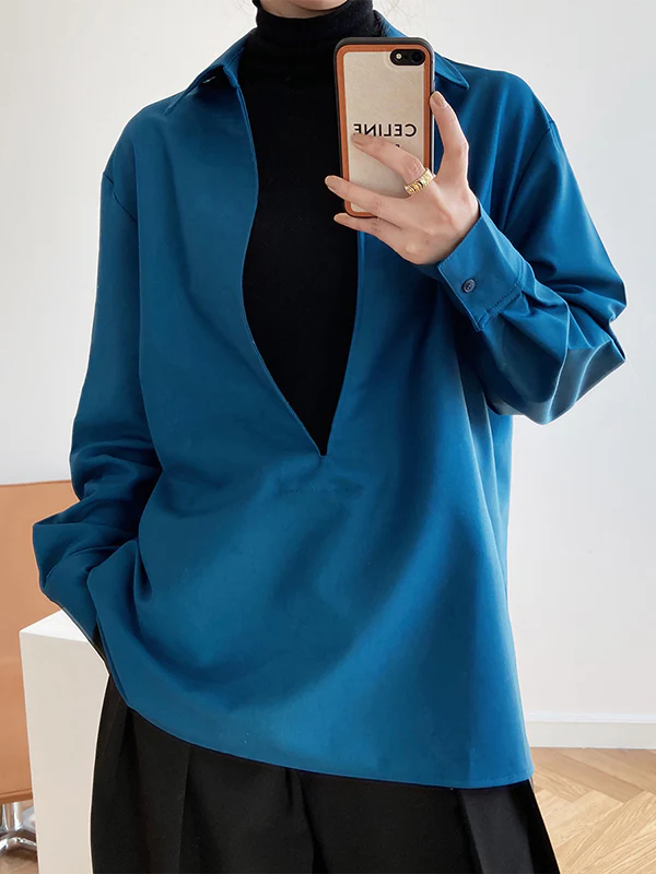 Long Sleeves Loose Solid Color Lapel Blouses - Image 6