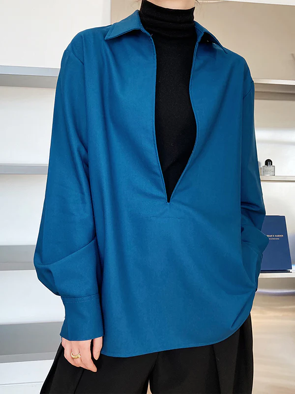 Long Sleeves Loose Solid Color Lapel Blouses - Image 7