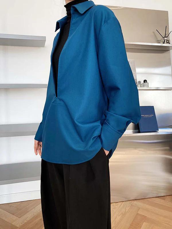 Long Sleeves Loose Solid Color Lapel Blouses - Image 8