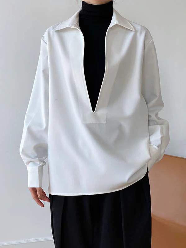 Long Sleeves Loose Solid Color Lapel Blouses - Image 9