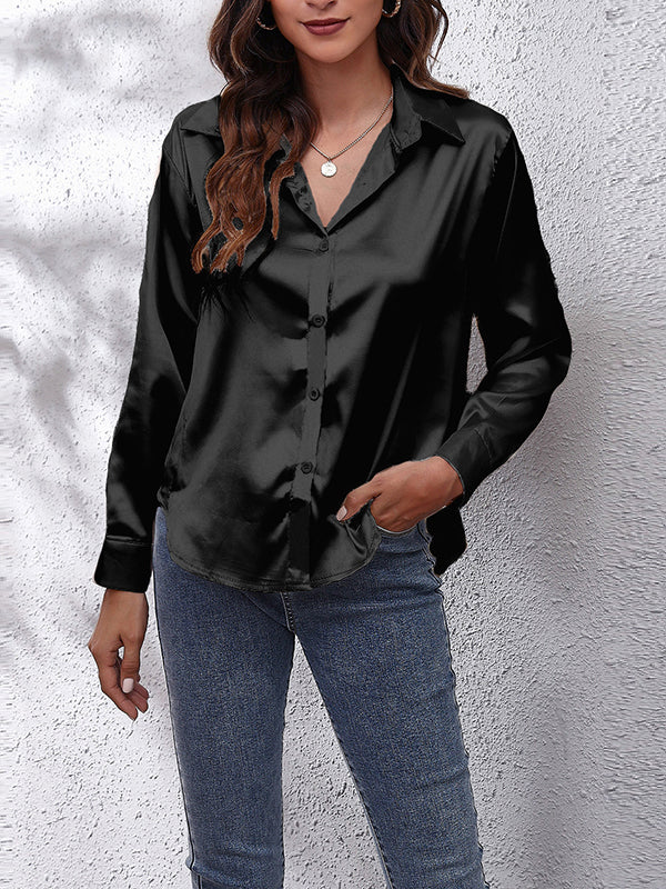 Long Sleeves Loose Solid Color Lapel Blouses - Image 11
