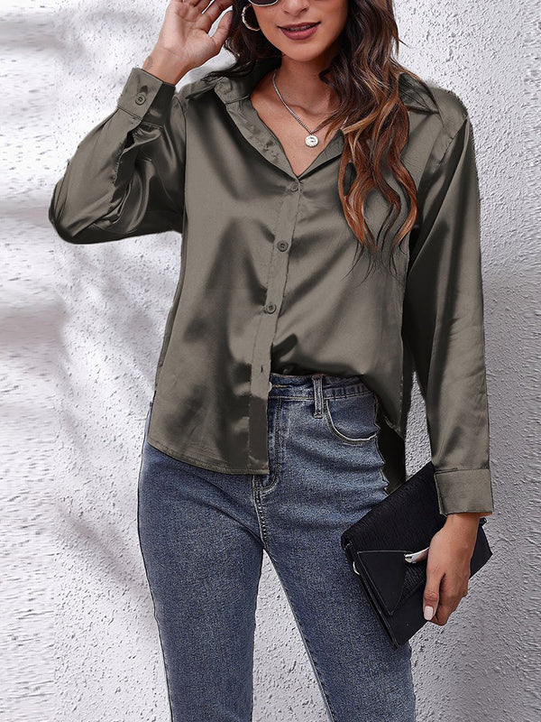 Long Sleeves Loose Solid Color Lapel Blouses - Image 15