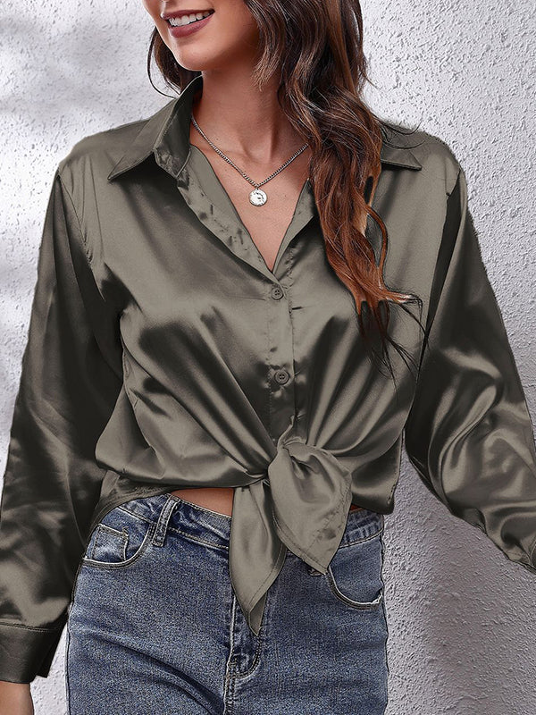 Long Sleeves Loose Solid Color Lapel Blouses - Image 21