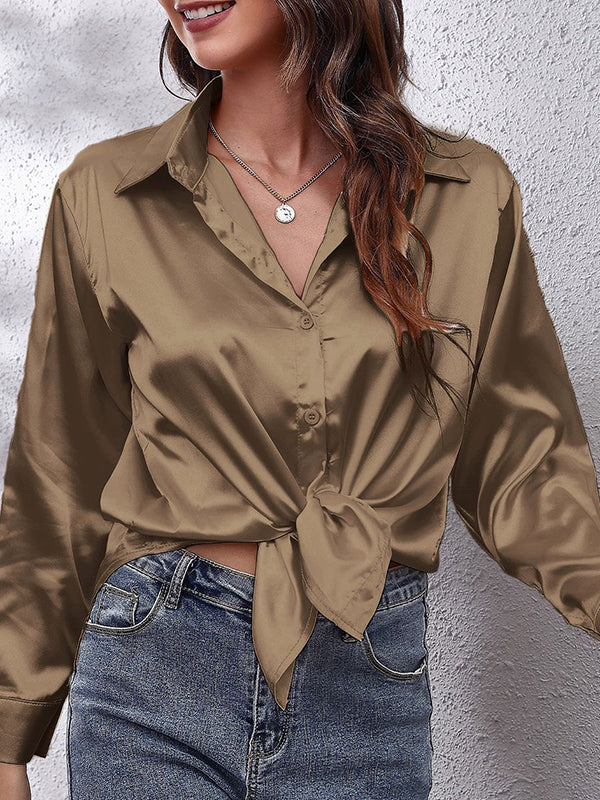 Long Sleeves Loose Solid Color Lapel Blouses - Image 22