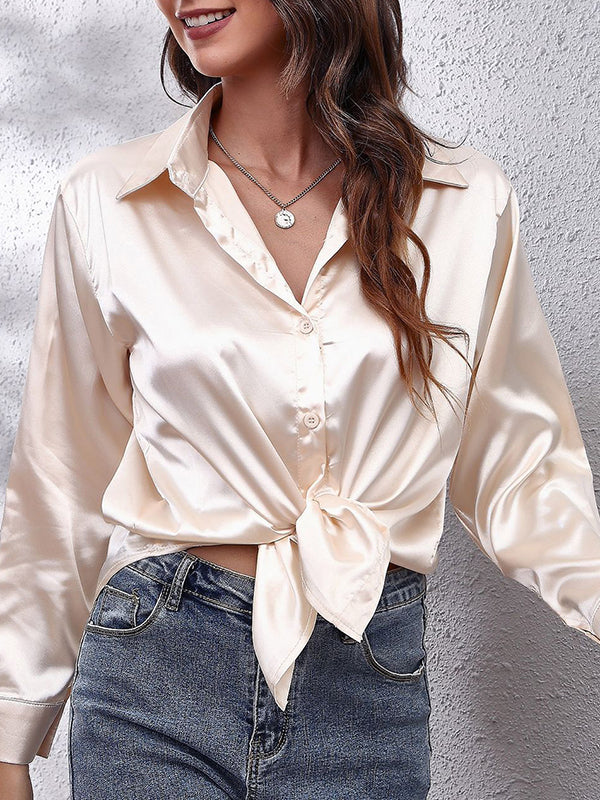 Long Sleeves Loose Solid Color Lapel Blouses - Image 23