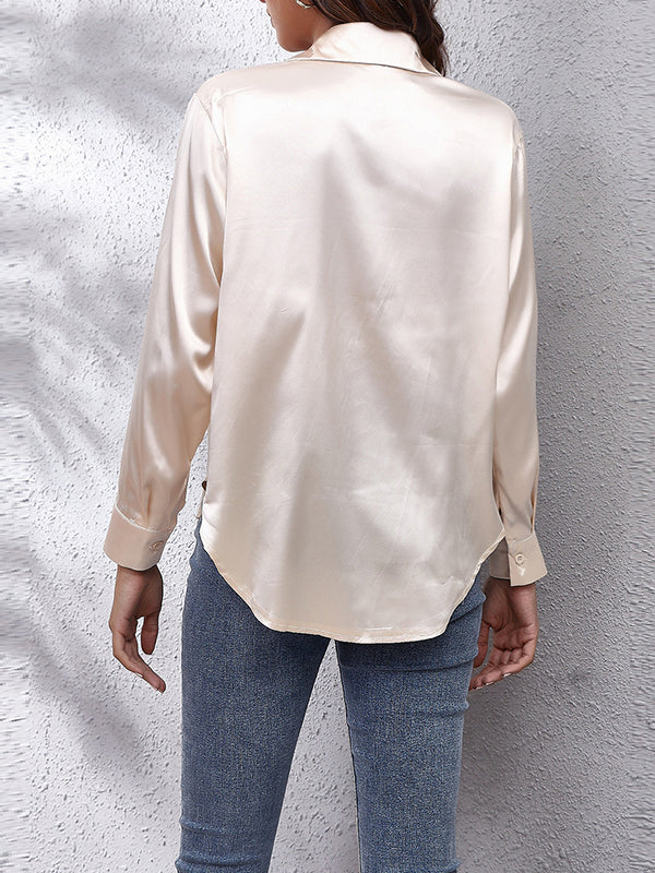 Long Sleeves Loose Solid Color Lapel Blouses - Image 24