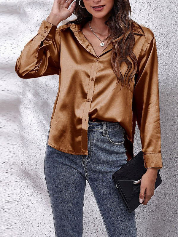 Long Sleeves Loose Solid Color Lapel Blouses - Image 9