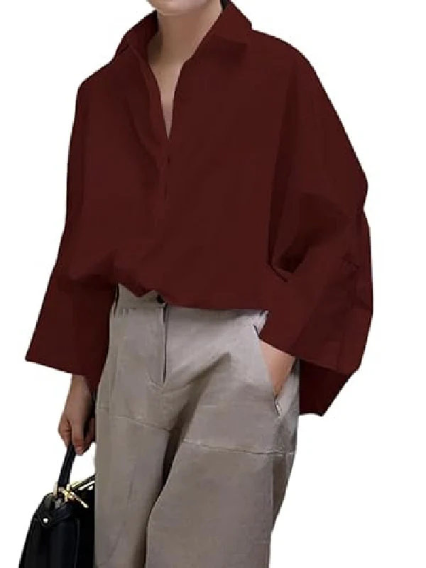 Long Sleeves Loose Solid Color Lapel Collar Blouses&Shirts Tops - Image 13