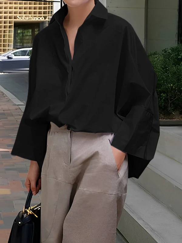 Long Sleeves Loose Solid Color Lapel Collar Blouses&Shirts Tops - Image 2