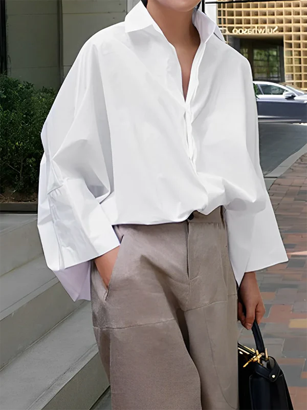Long Sleeves Loose Solid Color Lapel Collar Blouses&Shirts Tops - Image 3