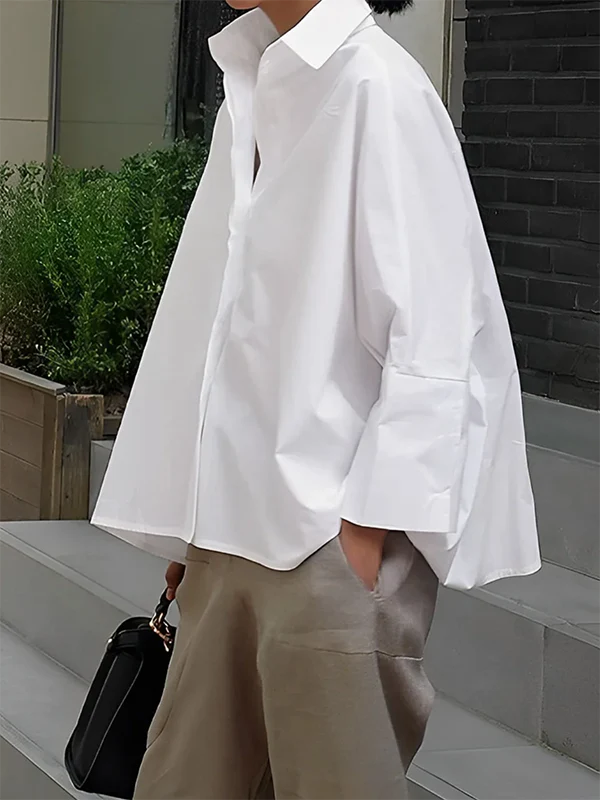Long Sleeves Loose Solid Color Lapel Collar Blouses&Shirts Tops - Image 6