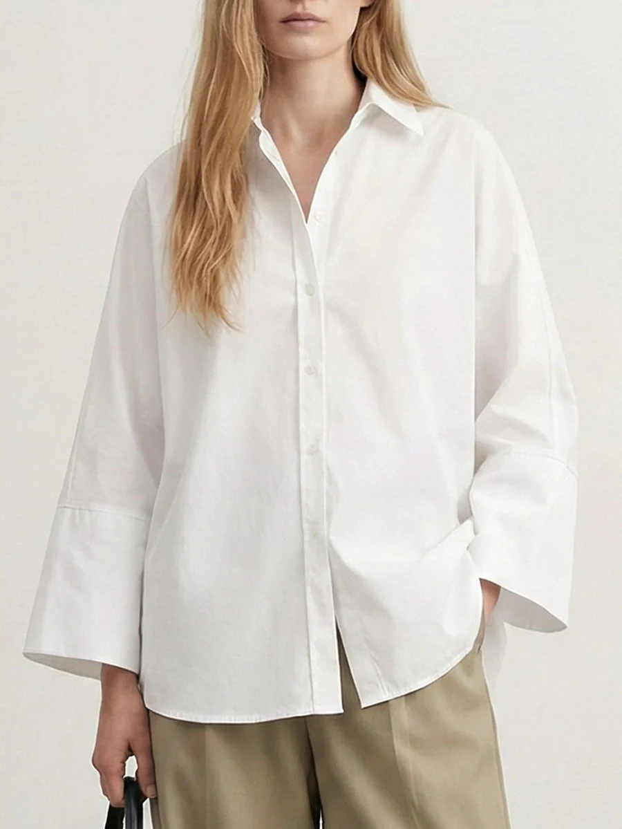 Long Sleeves Loose Solid Color Lapel Collar Blouses&Shirts Tops - Image 8