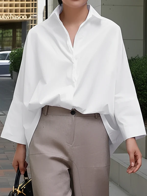 Long Sleeves Loose Solid Color Lapel Collar Blouses&Shirts Tops - Image 9