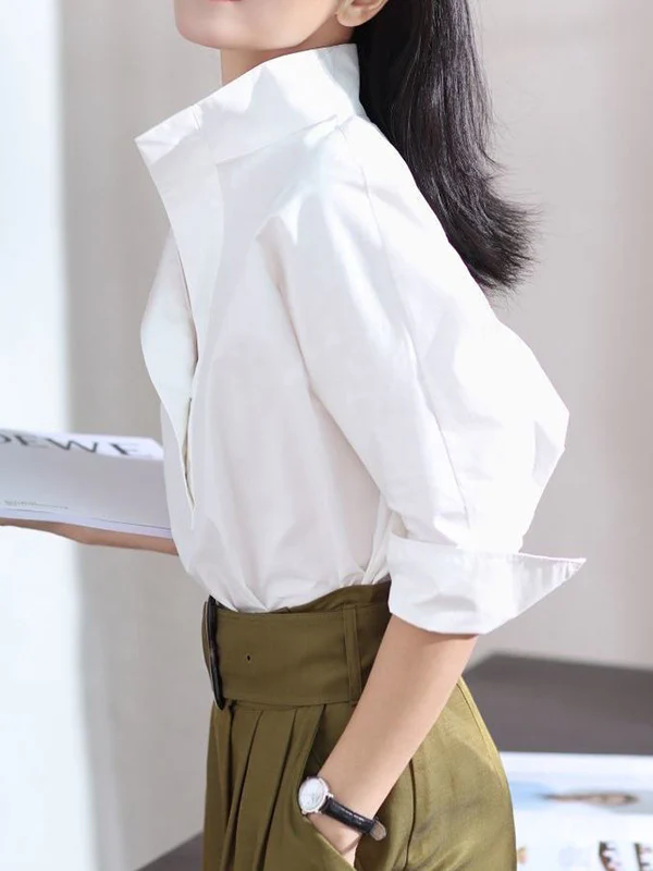 Long Sleeves Loose Solid Color Lapel Collar Blouses&Shirts Tops - Image 2