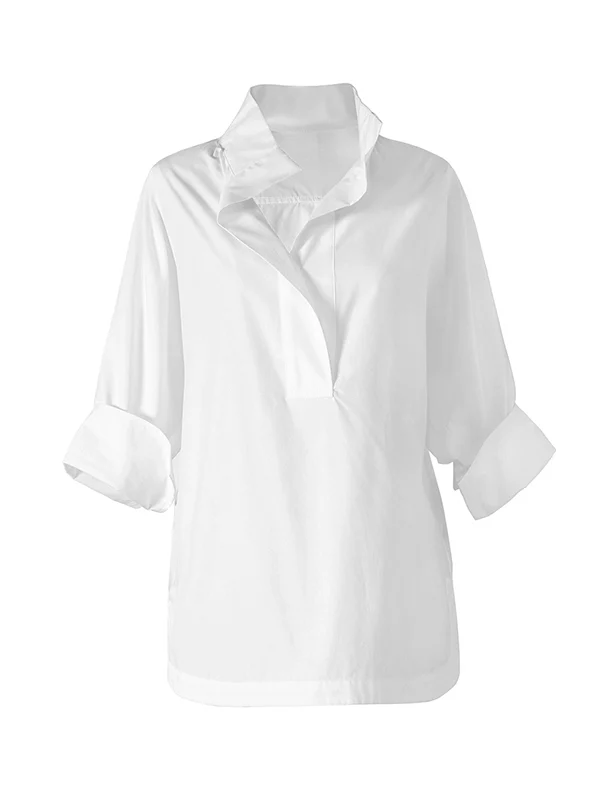 Long Sleeves Loose Solid Color Lapel Collar Blouses&Shirts Tops - Image 3