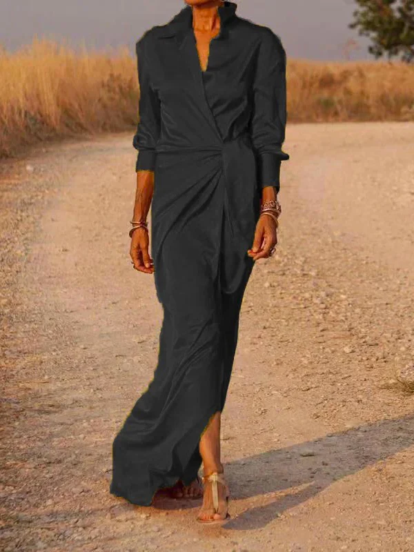 Long Sleeves Loose Solid Color Lapel Collar Maxi Shirt Dresses - Image 3