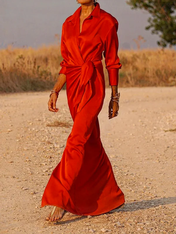 Long Sleeves Loose Solid Color Lapel Collar Maxi Shirt Dresses - Image 4