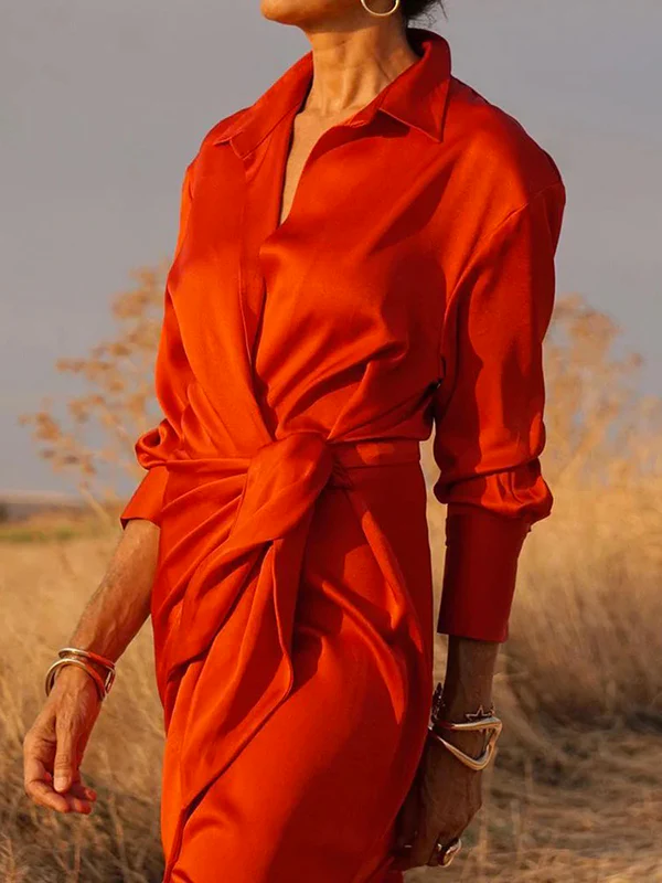 Long Sleeves Loose Solid Color Lapel Collar Maxi Shirt Dresses - Image 5