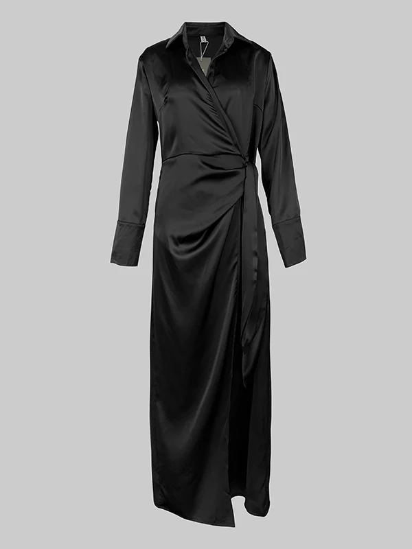 Long Sleeves Loose Solid Color Lapel Collar Maxi Shirt Dresses - Image 6