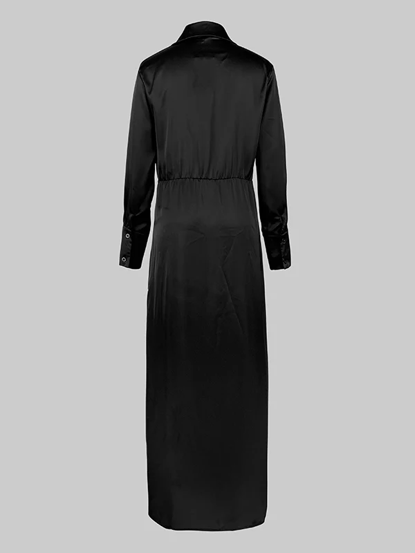 Long Sleeves Loose Solid Color Lapel Collar Maxi Shirt Dresses - Image 7