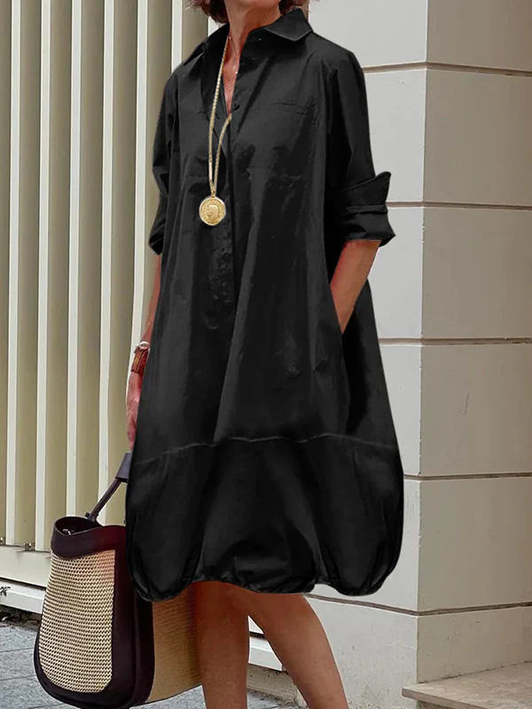Long Sleeves Loose Solid Color Lapel Collar Midi Dresses Shirt Dress - Image 3