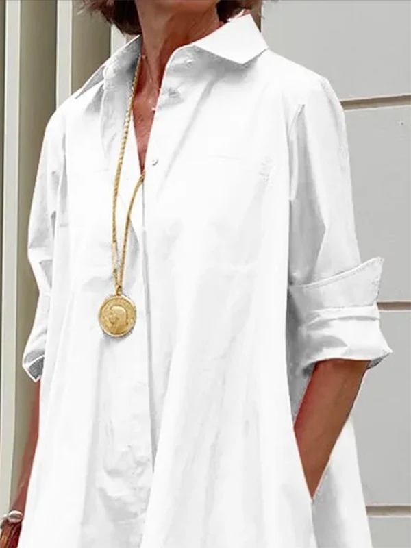 Long Sleeves Loose Solid Color Lapel Collar Midi Dresses Shirt Dress - Image 4
