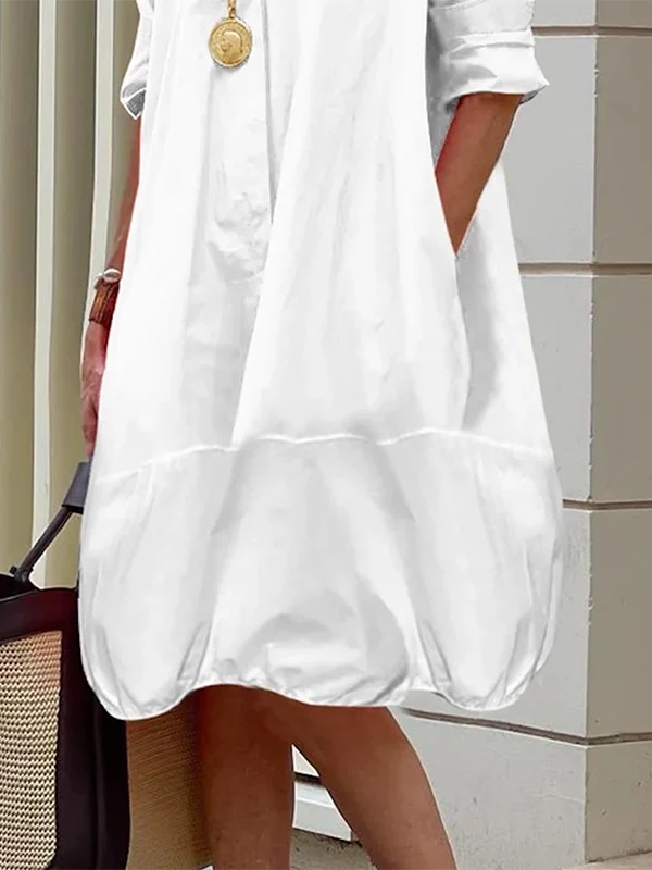 Long Sleeves Loose Solid Color Lapel Collar Midi Dresses Shirt Dress - Image 5