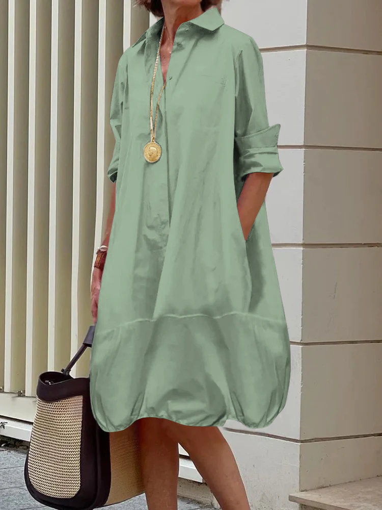 Long Sleeves Loose Solid Color Lapel Collar Midi Dresses Shirt Dress - Image 6