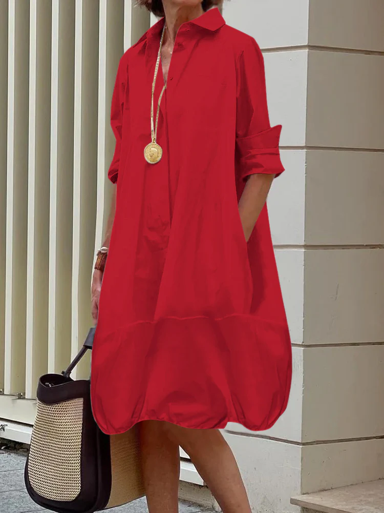 Long Sleeves Loose Solid Color Lapel Collar Midi Dresses Shirt Dress - Image 8