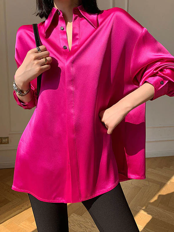 Long Sleeves Loose Solid Color Lapel Shirts Tops - Image 3