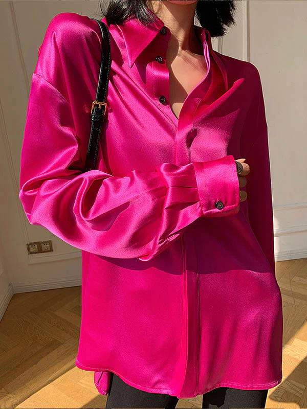 Long Sleeves Loose Solid Color Lapel Shirts Tops - Image 4
