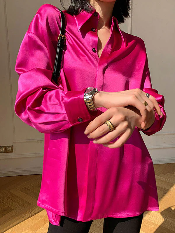 Long Sleeves Loose Solid Color Lapel Shirts Tops - Image 5