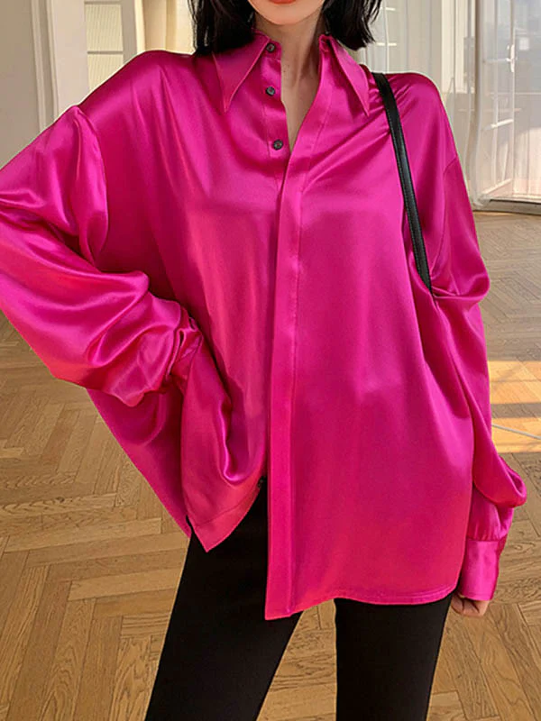 Long Sleeves Loose Solid Color Lapel Shirts Tops - Image 6