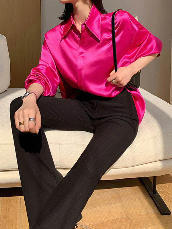 Long Sleeves Loose Solid Color Lapel Shirts Tops - Image 7