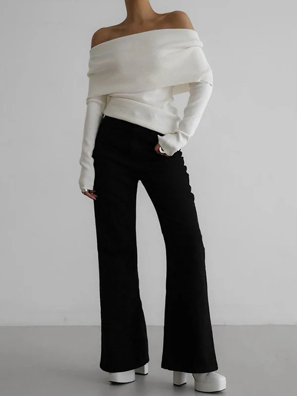 Long Sleeves Loose Solid Color Off-The-Shoulder Pullovers Sweater Tops - Image 10