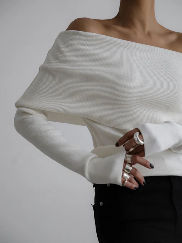 Long Sleeves Loose Solid Color Off-The-Shoulder Pullovers Sweater Tops - Image 11