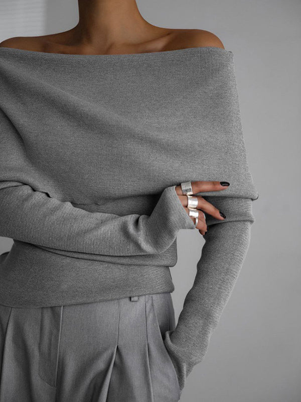 Long Sleeves Loose Solid Color Off-The-Shoulder Pullovers Sweater Tops - Image 12