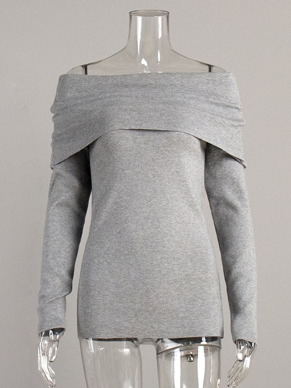 Long Sleeves Loose Solid Color Off-The-Shoulder Pullovers Sweater Tops - Image 13